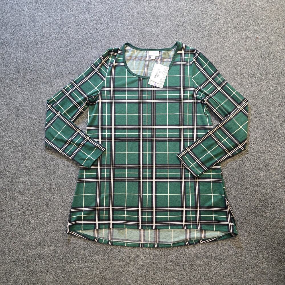 Lularoe Top Women Size Large Green Plaid Lynnae Long Sleeve Tunic Comfort Casual